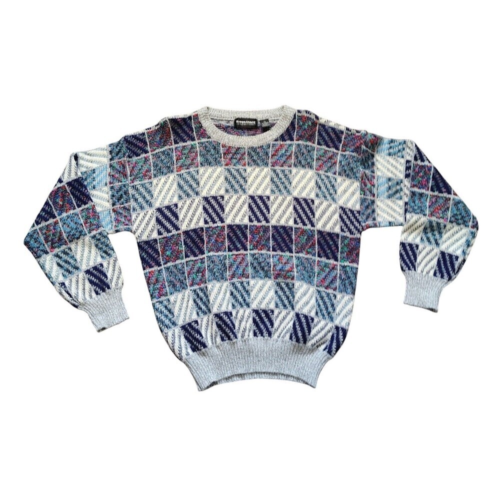Mens 80s Geometric Patchwork Knit Sweater L Abstract Retro Pattern Grandpa
